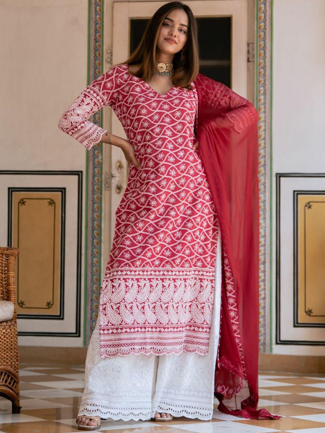 lavanya the label women pink ethnic motifs printed pure cotton kurta with palazzos & with dupatta