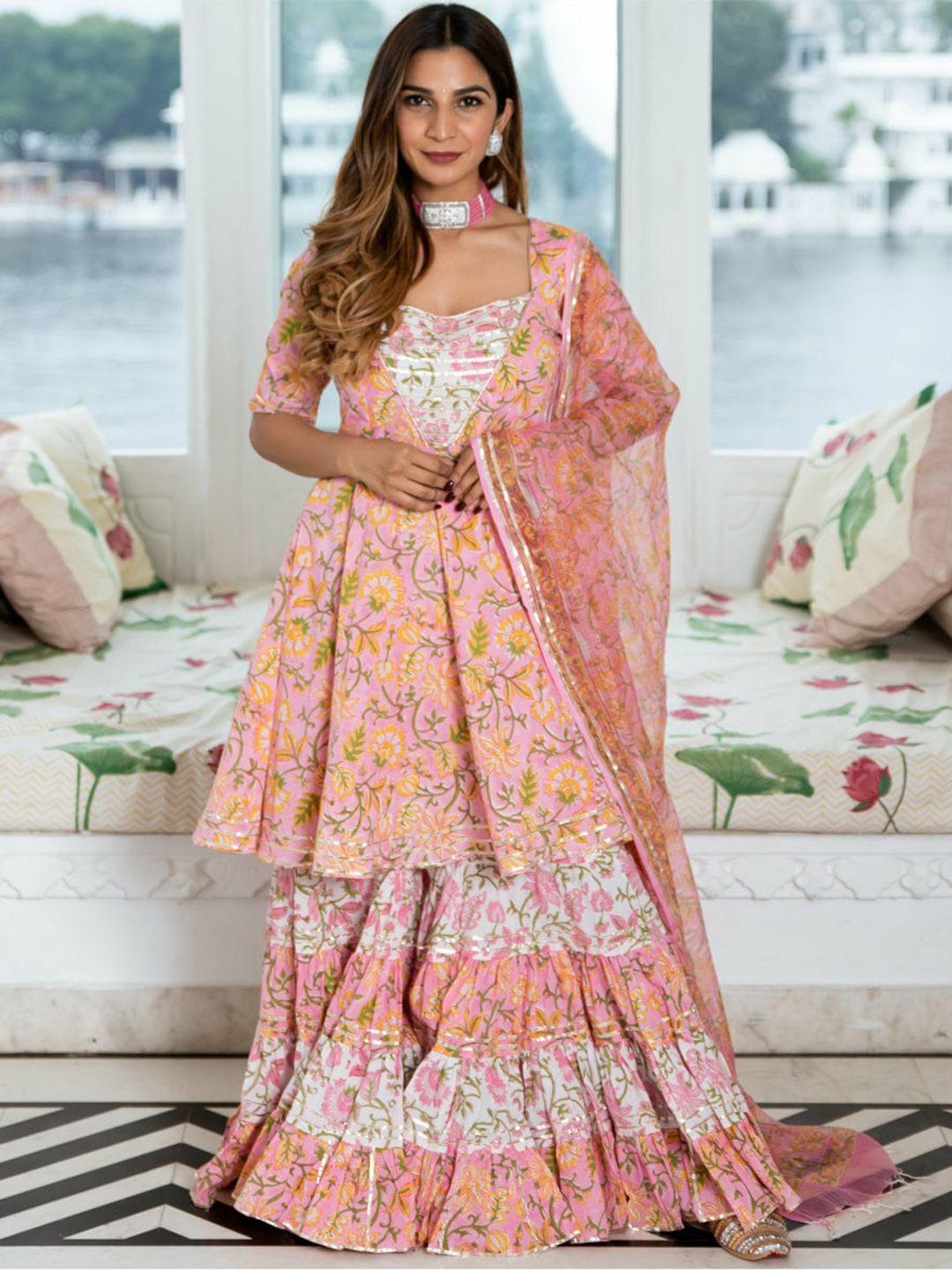 lavanya the label women pink floral printed pure cotton kurta with sharara & with dupatta