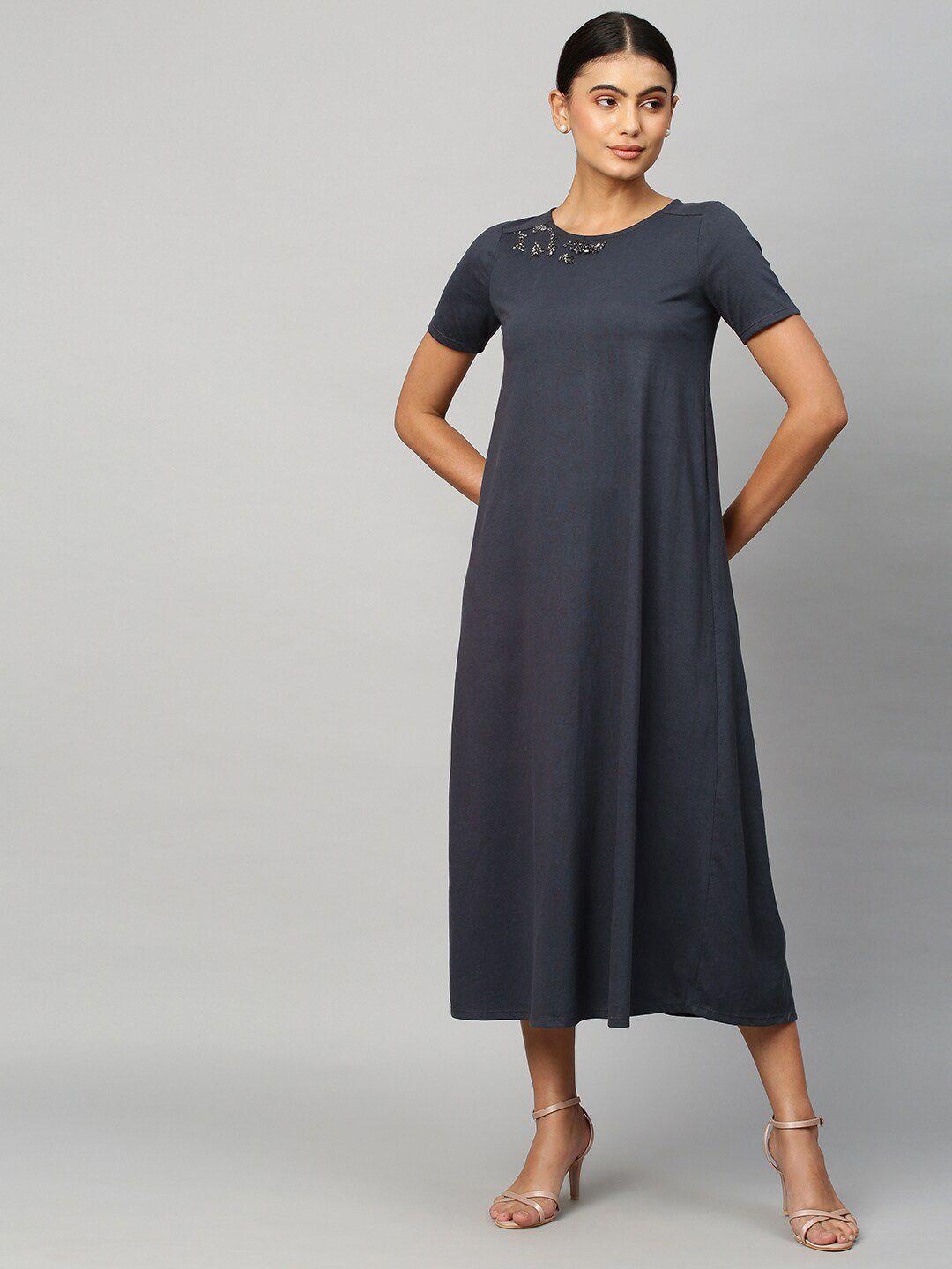 chemistry  women pure cotton charcoal a-line midi dress