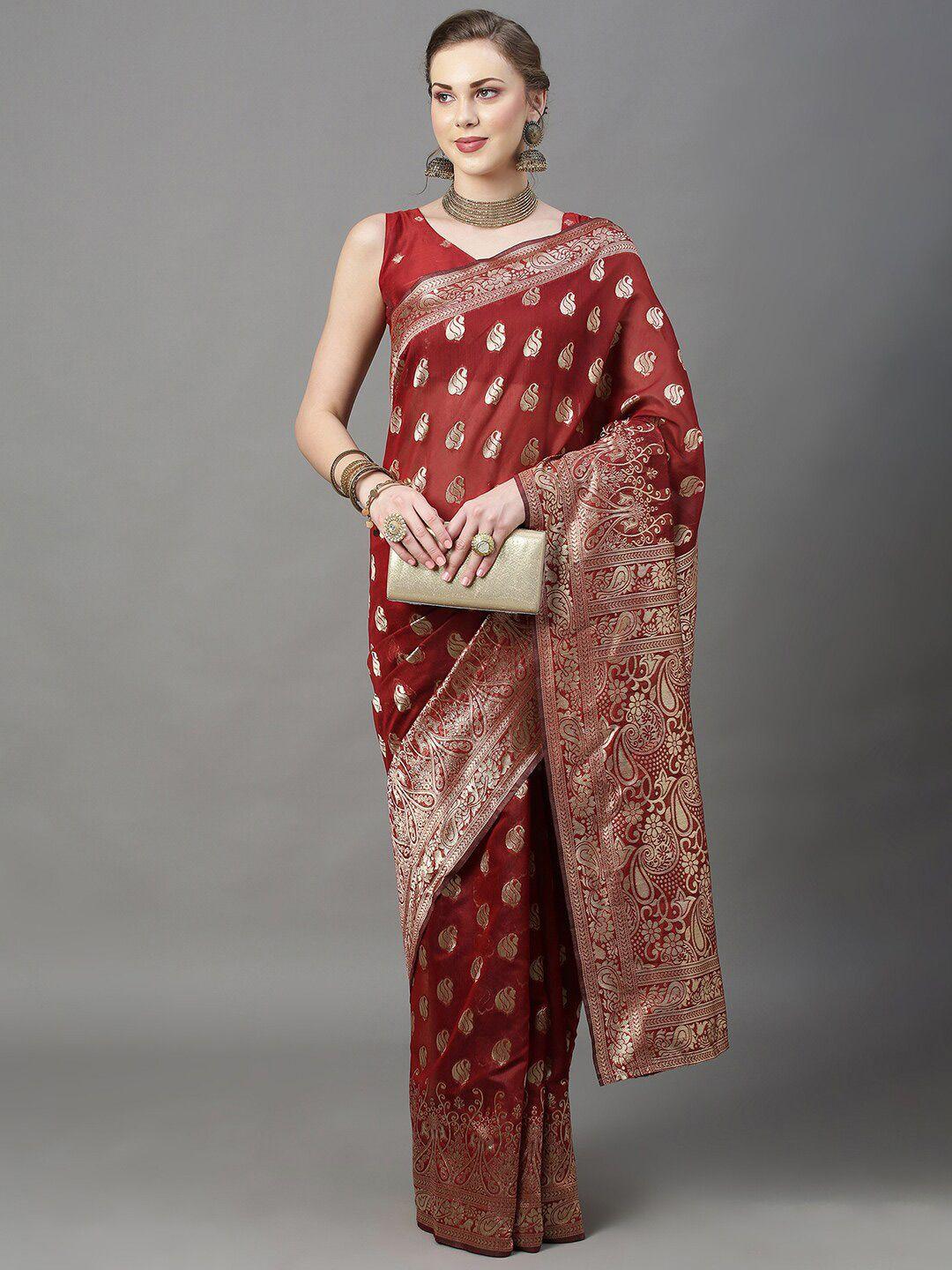 mitera maroon & gold-toned woven design silk cotton saree