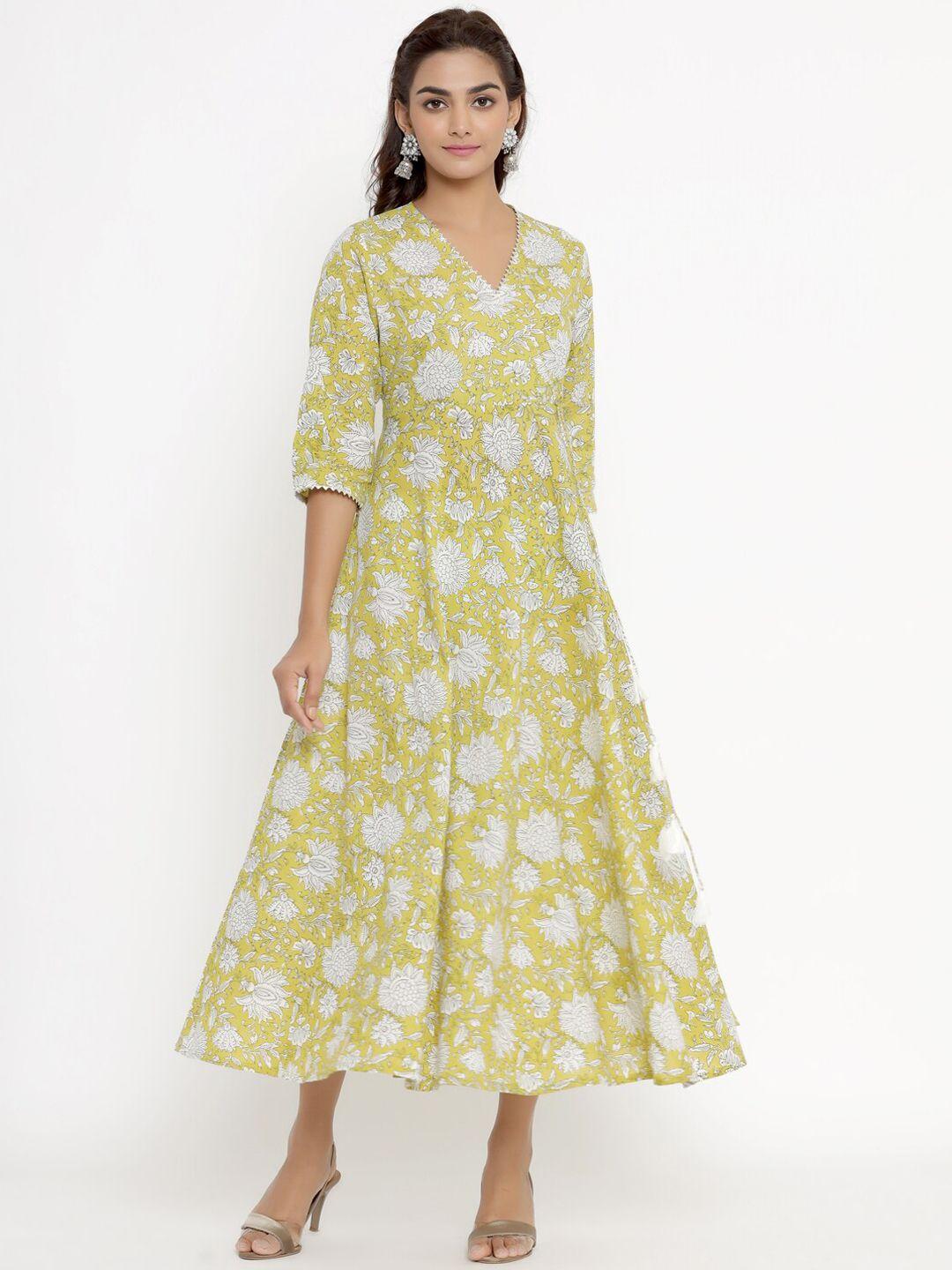 miravan women yellow & white floral printed flared sleeves anarkali kurta