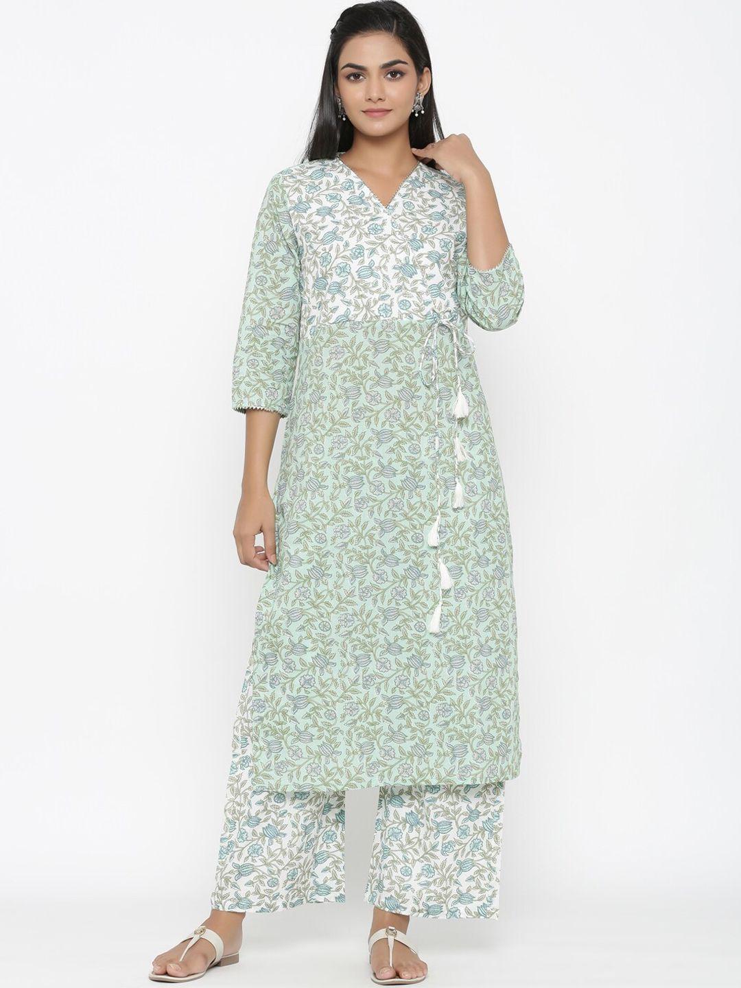 miravan women green floral printed gotta patti pure cotton kurti with palazzos