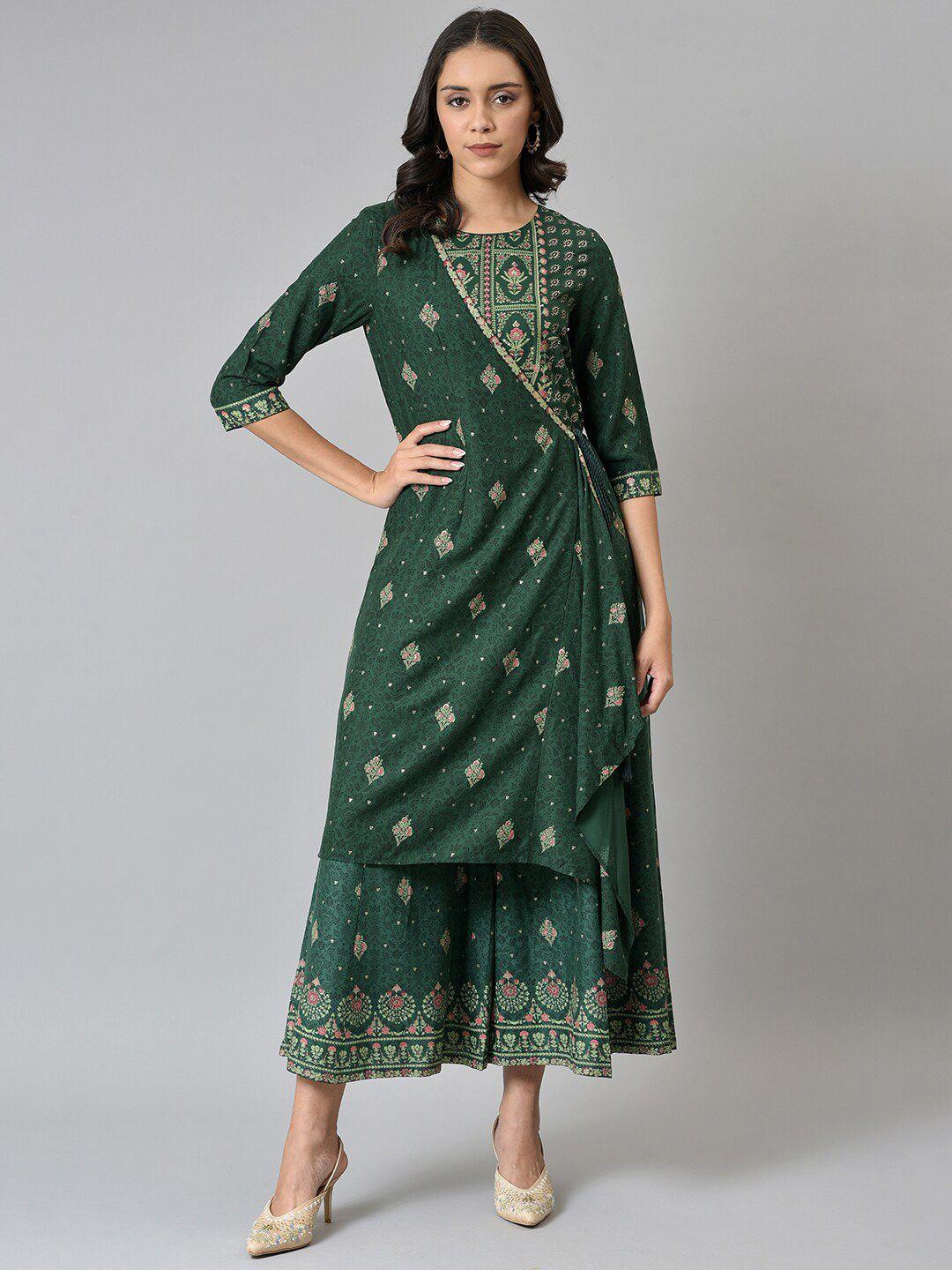 w women green glitter printed angrakha jumpsuit