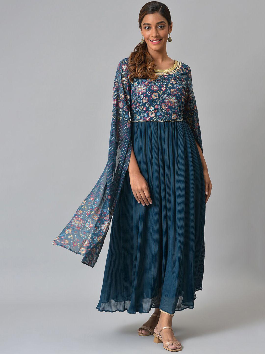 aurelia women blue floral printed anarkali kurta