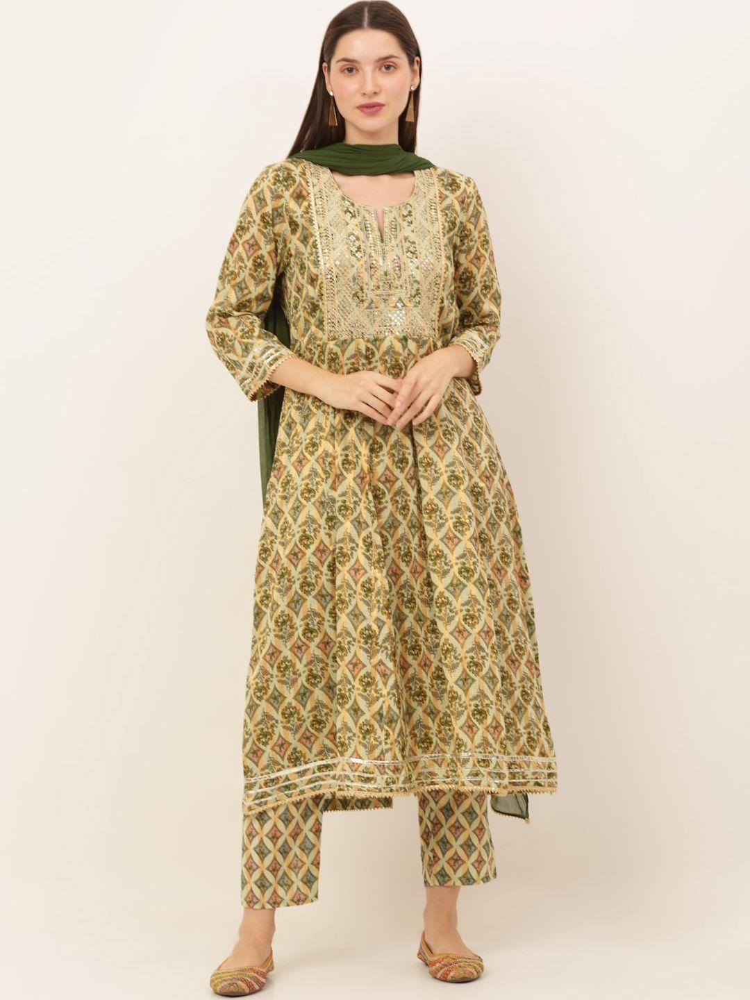 kalini women green floral printed zari embroidered anarkali kurta with palazzo and dupatta