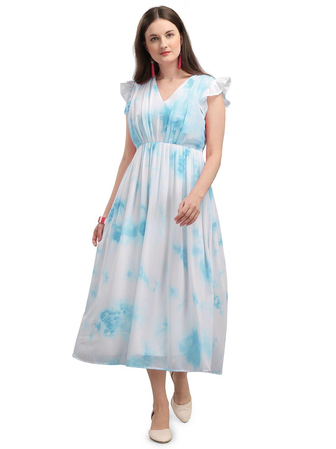 vaani creation white & blue georgette dye printed v-neck midi dress