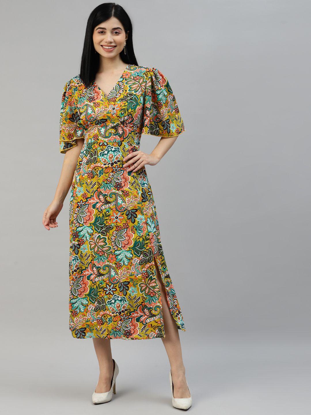 pluss mustard yellow & green floral midi dress