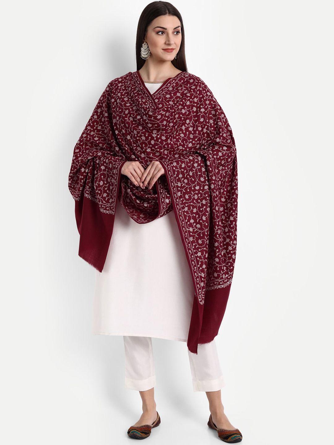 zamour women maroon & off white embroidered pure wool shawl