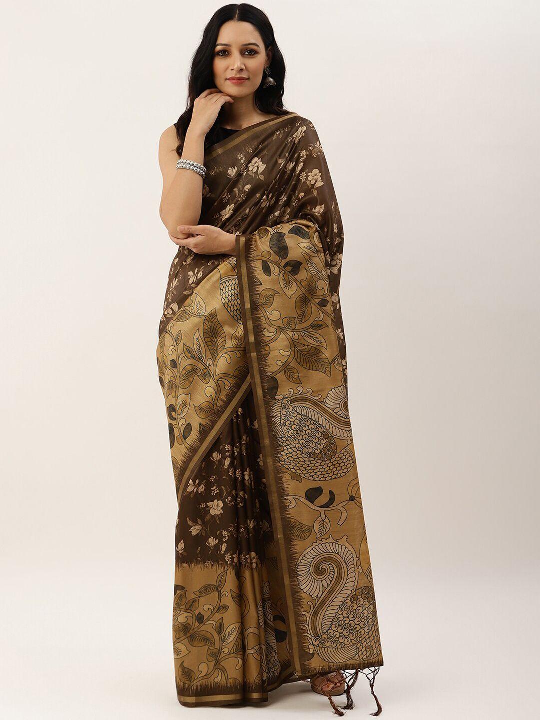 vishnu weaves brown & gold-toned floral zari jute silk tussar saree