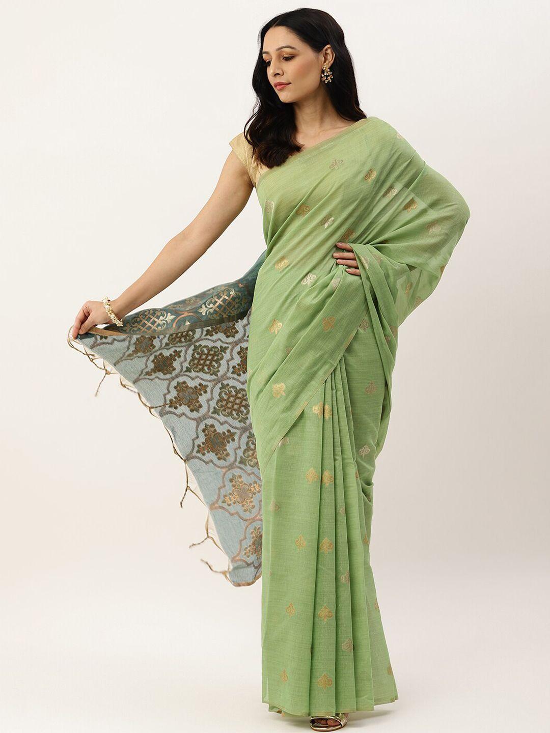 vishnu weaves olive green & grey ethnic motifs pure linen banarasi saree