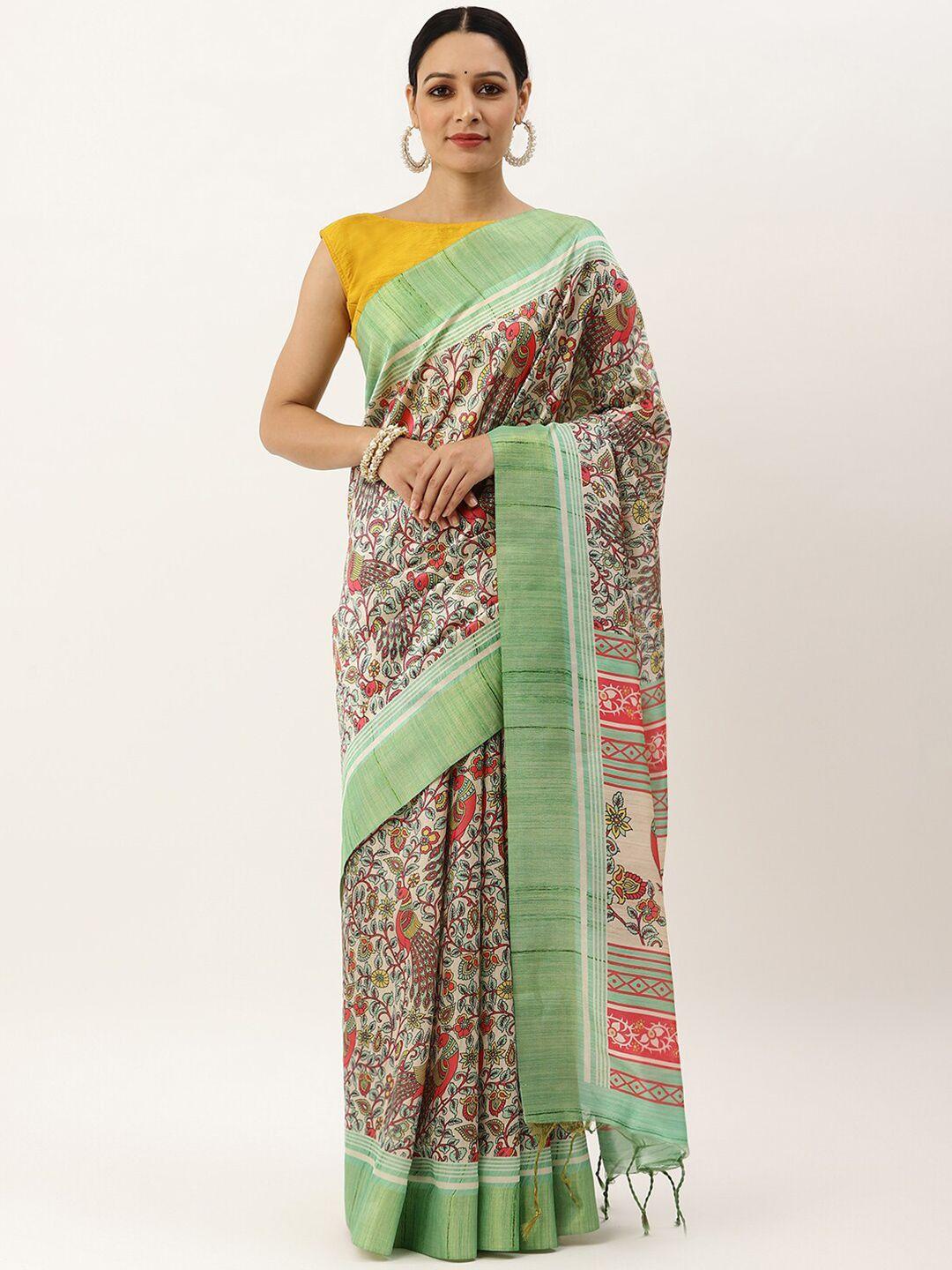 vishnu weaves green & pink kalamkari jute silk tussar saree