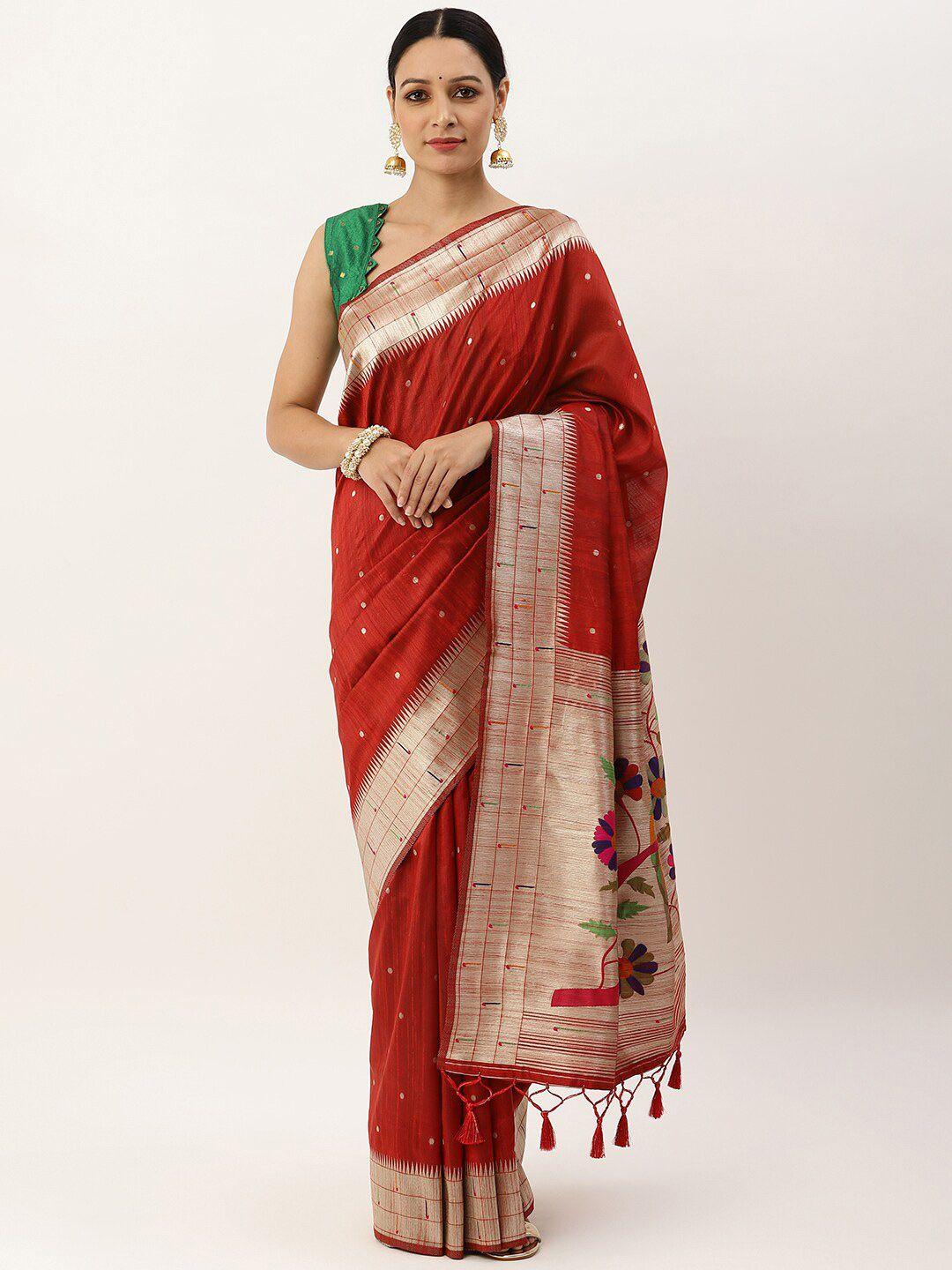 vishnu weaves red & silver-toned woven design jute silk tussar saree