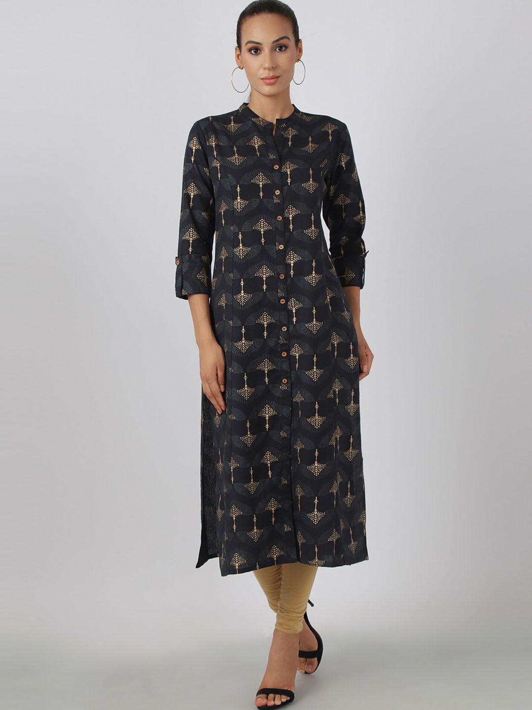 metro-fashion women black & gold-toned ethnic motifs printed pure cotton kurta