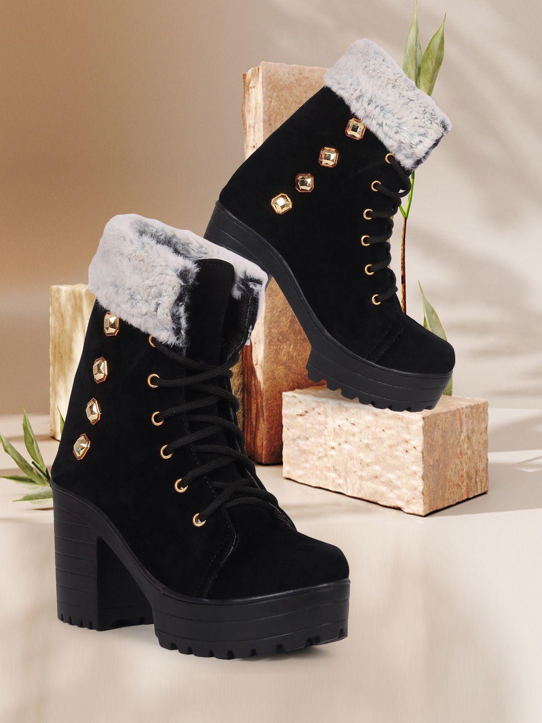 twin toes women black embellished block heeled winter boots