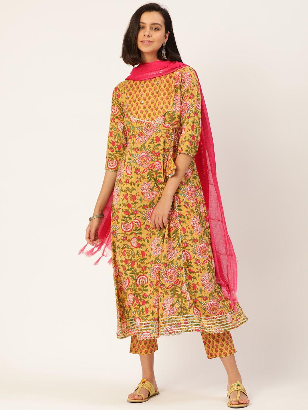 here&now women mustard yellow floral printed angrakha gotta patti pure cotton kurta with trousers & with