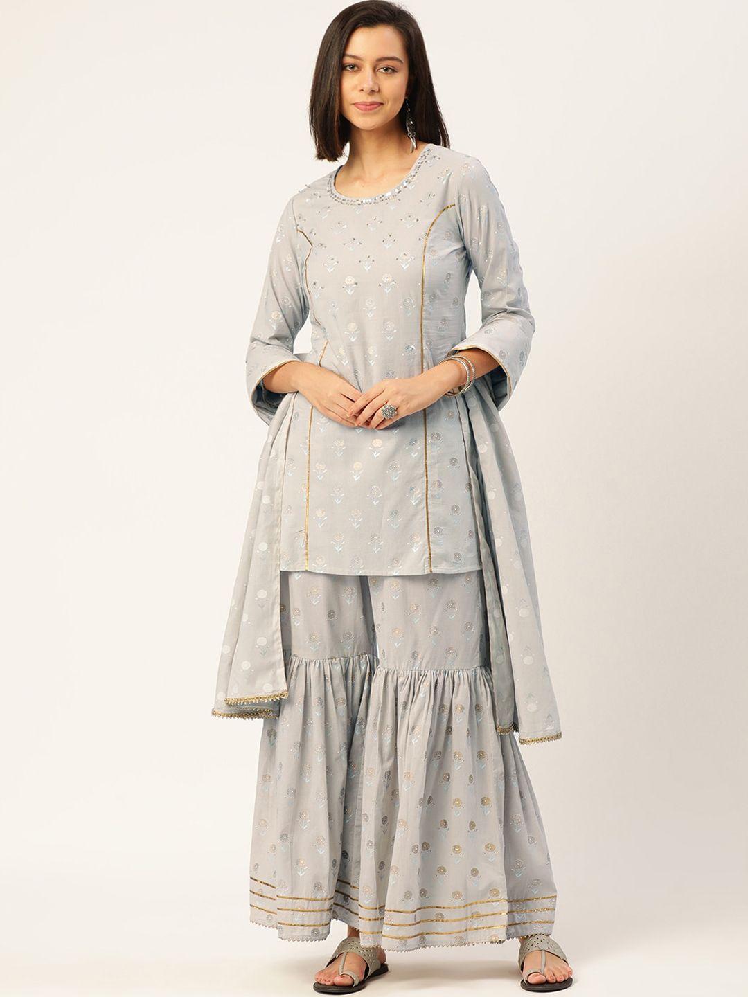 here&now women grey floral printed panelled gotta patti pure cotton kurti with sharara & with dupatta