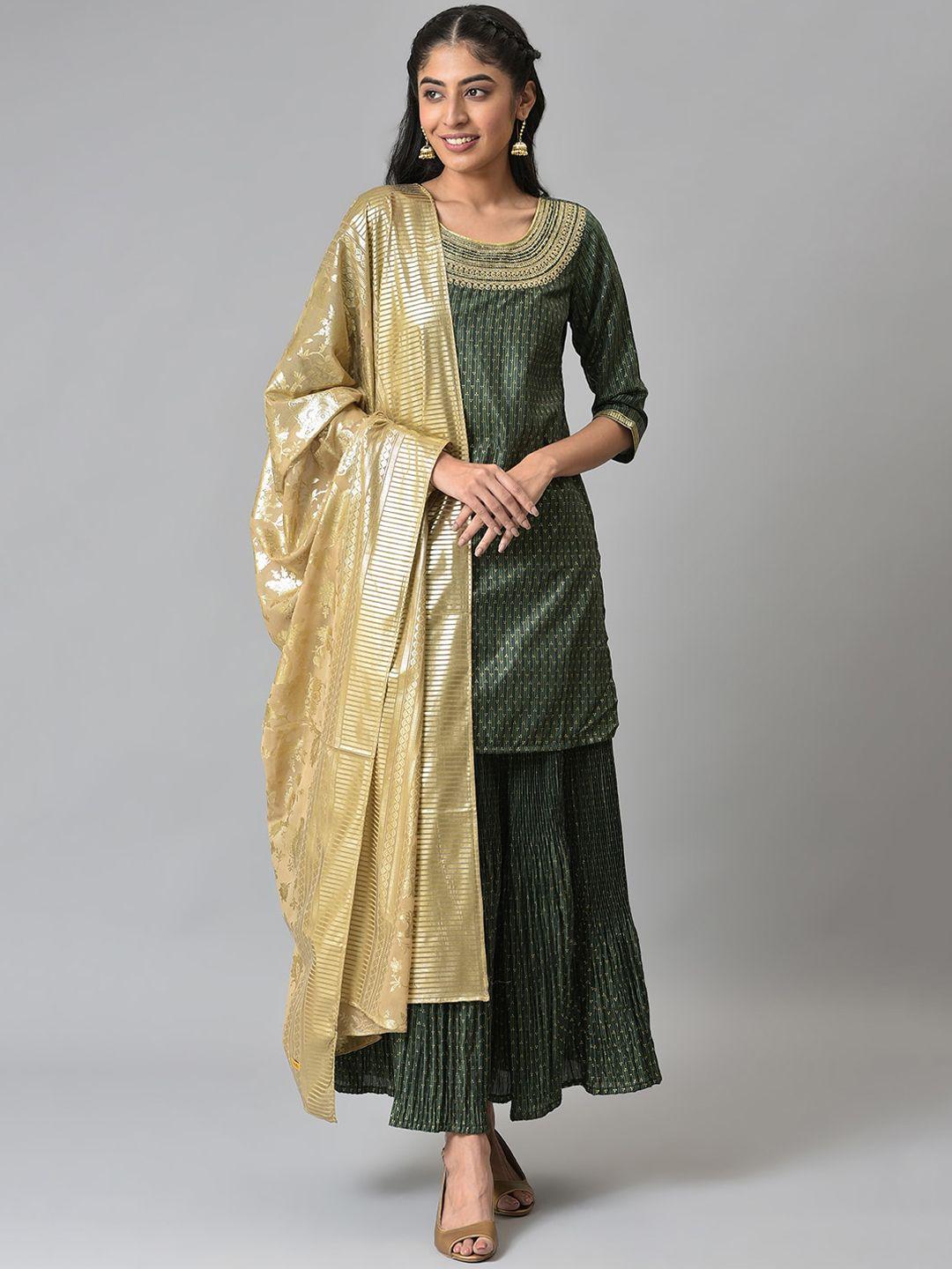 aurelia women green ethnic motifs printed kurta with sharara & with dupatta