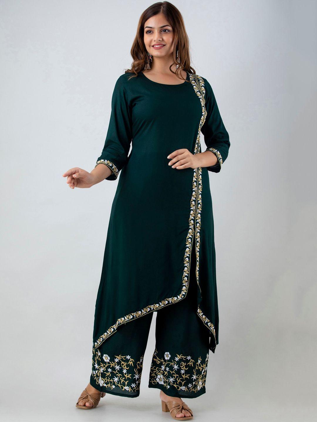 kalini women green ethnic motifs embroidered panelled thread work kurta with trousers