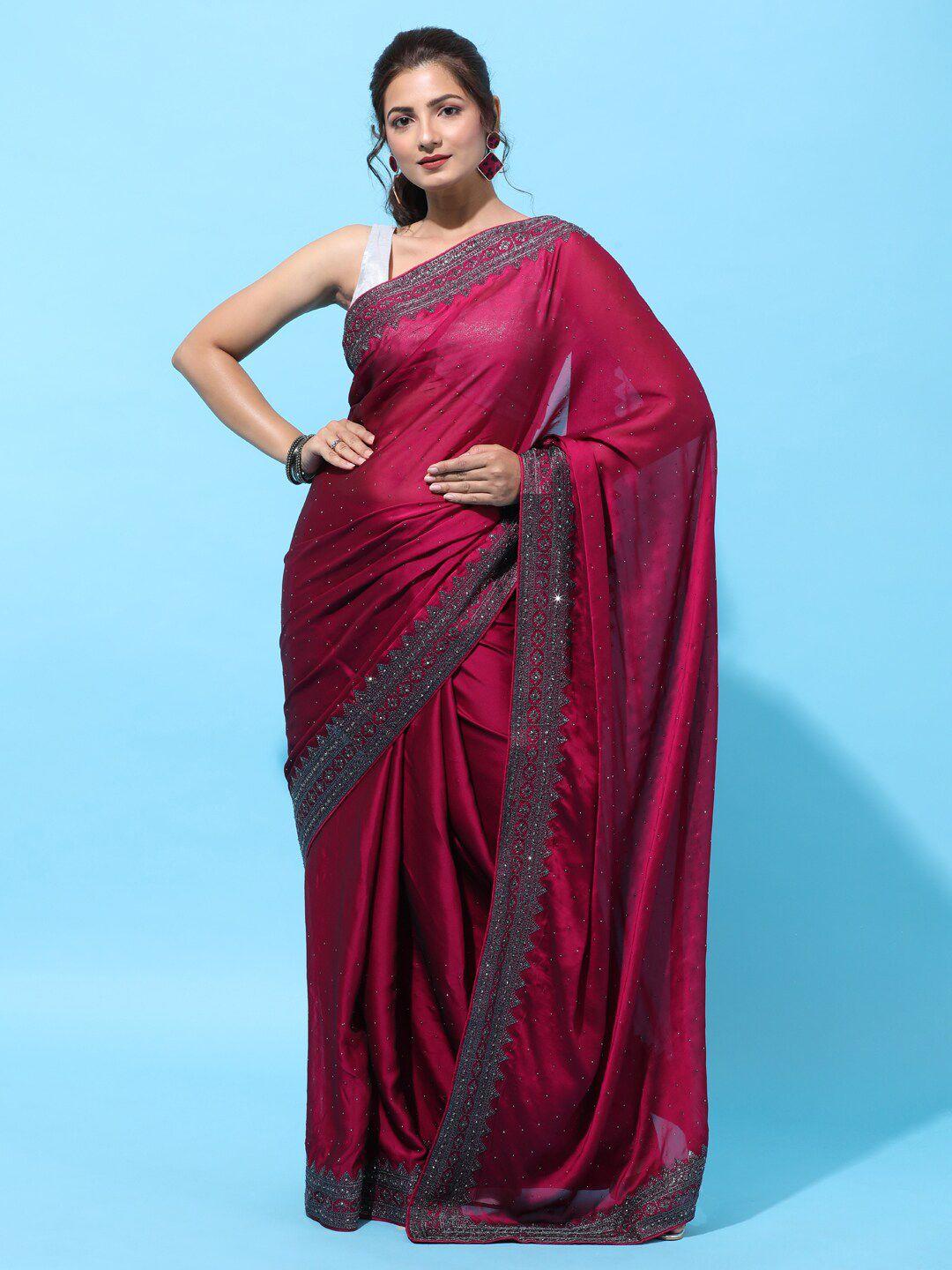 kasee red & silver-toned embellished sequinned art silk heavy work saree