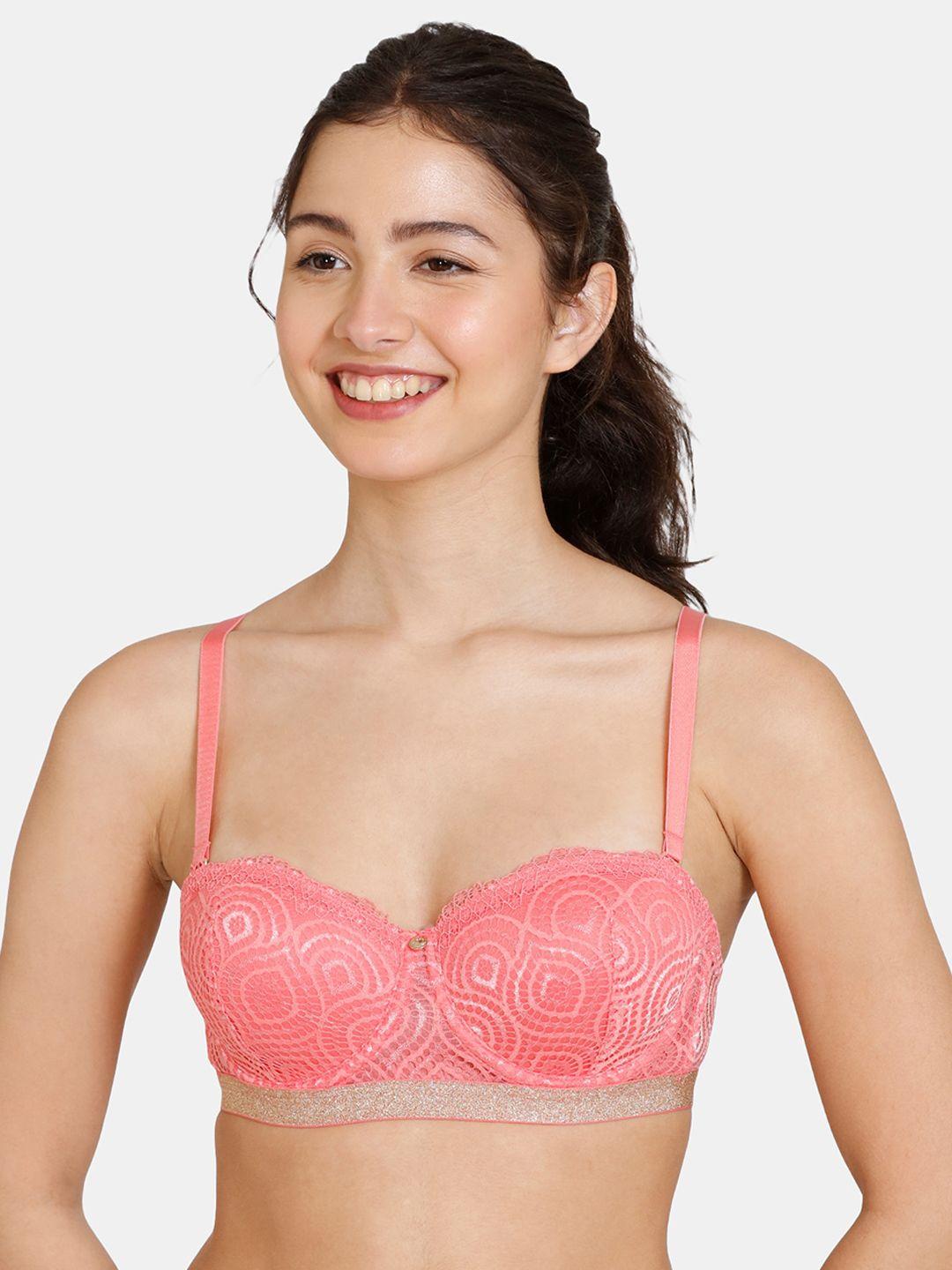 zivame women pink geometric underwired lightly padded bra