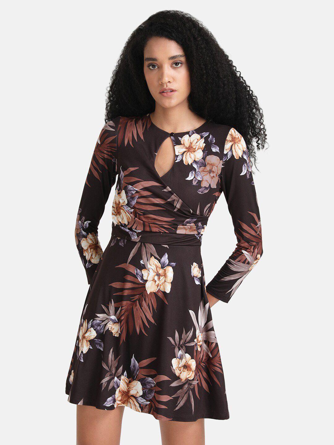 kazo women brown floral keyhole neck dress