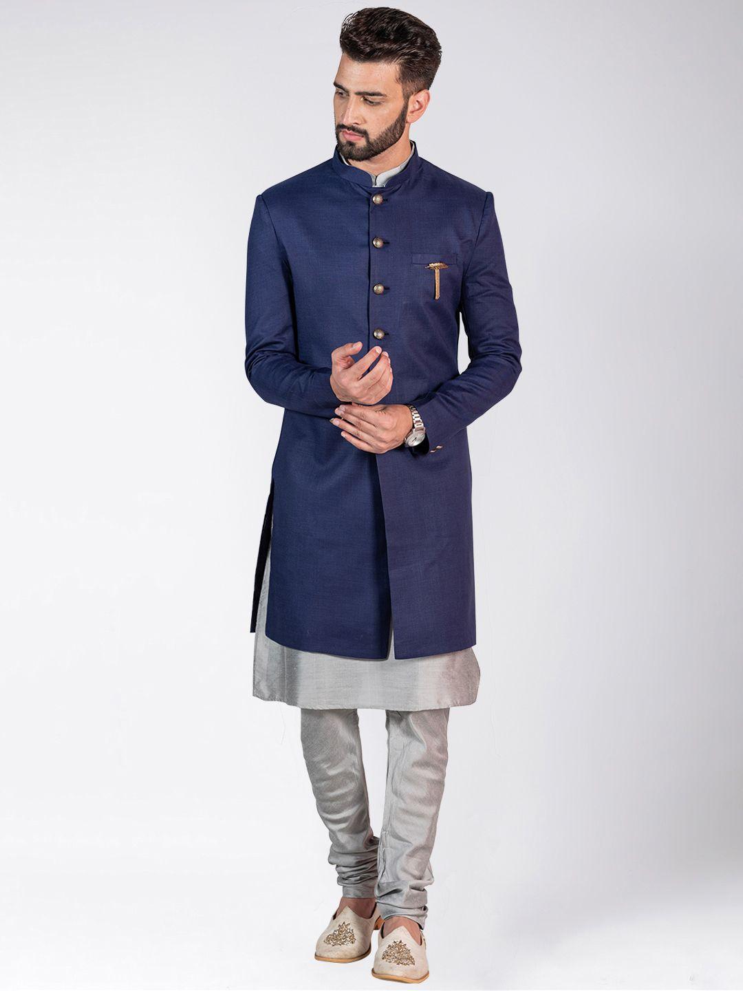 kisah men navy blue solid 3-pcs sherwani set