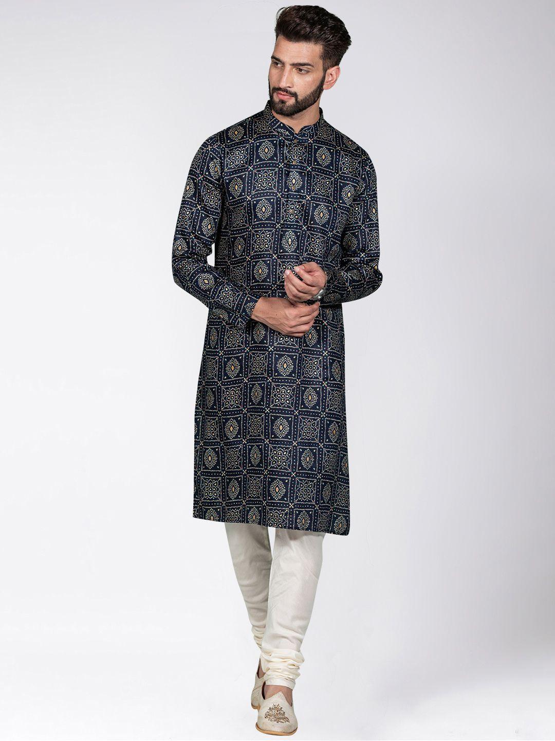 kisah men navy blue ethnic motifs printed kurta