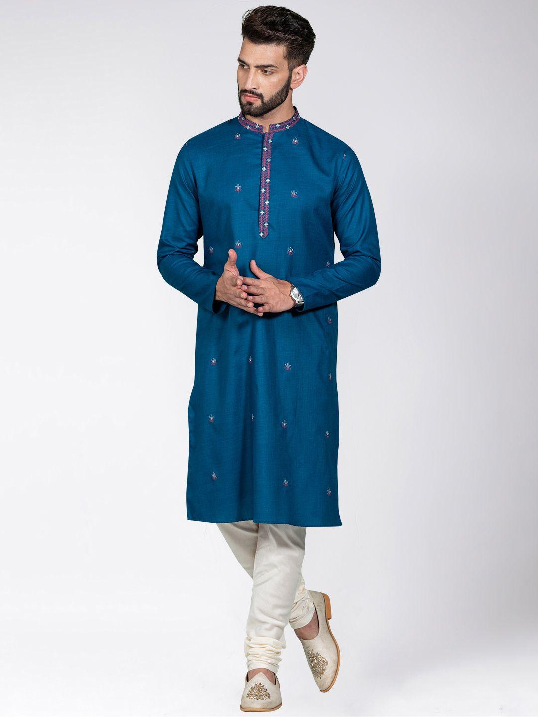 kisah men blue floral embroidered thread work kurta