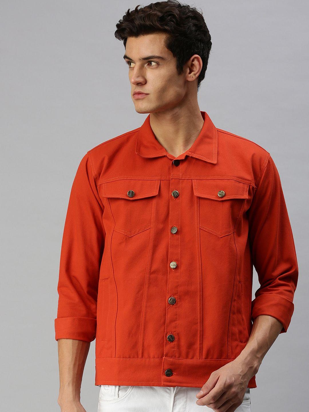 voxati men orange solid denim jacket