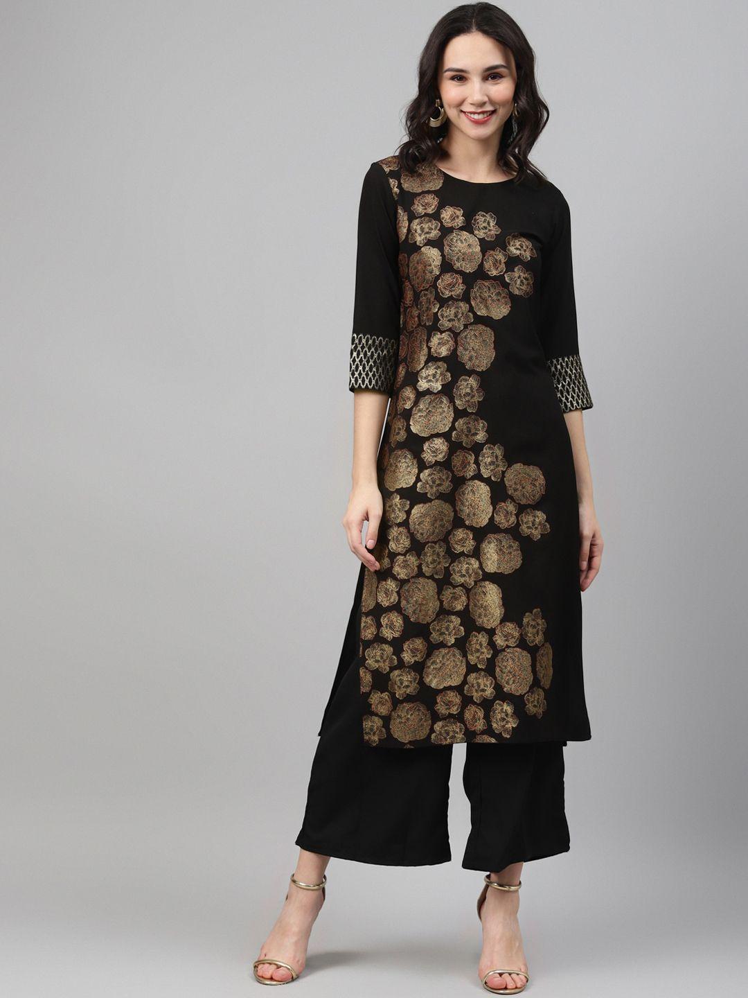 ziyaa women black ethnic motifs printed crepe kurta