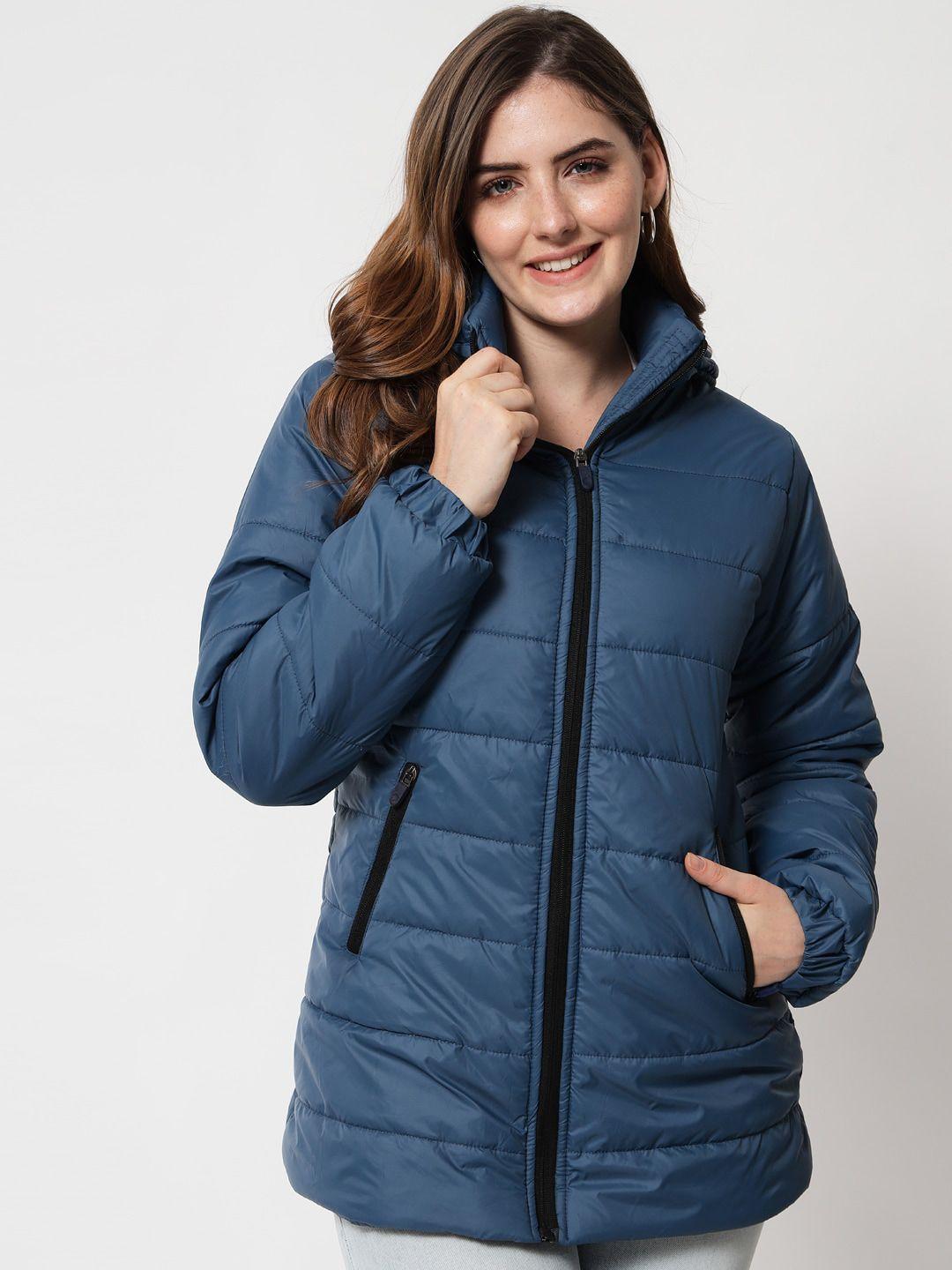 kotty women blue solid longline padded jacket