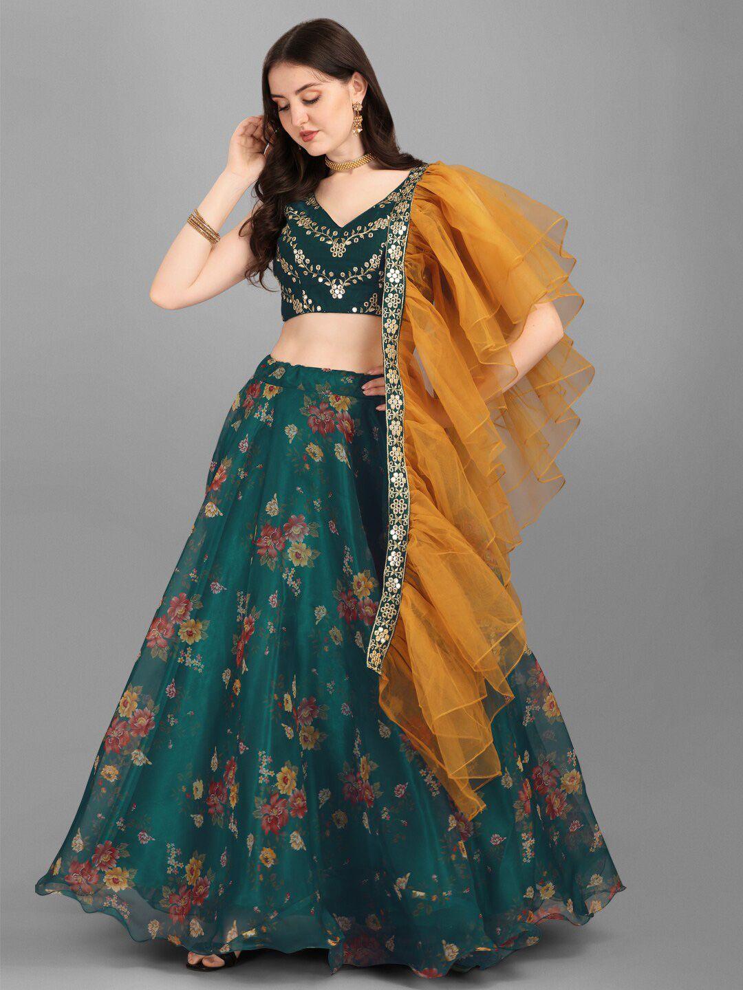 yoyo fashion green & orange embroidered semi-stitched lehenga & unstitched blouse with dupatta