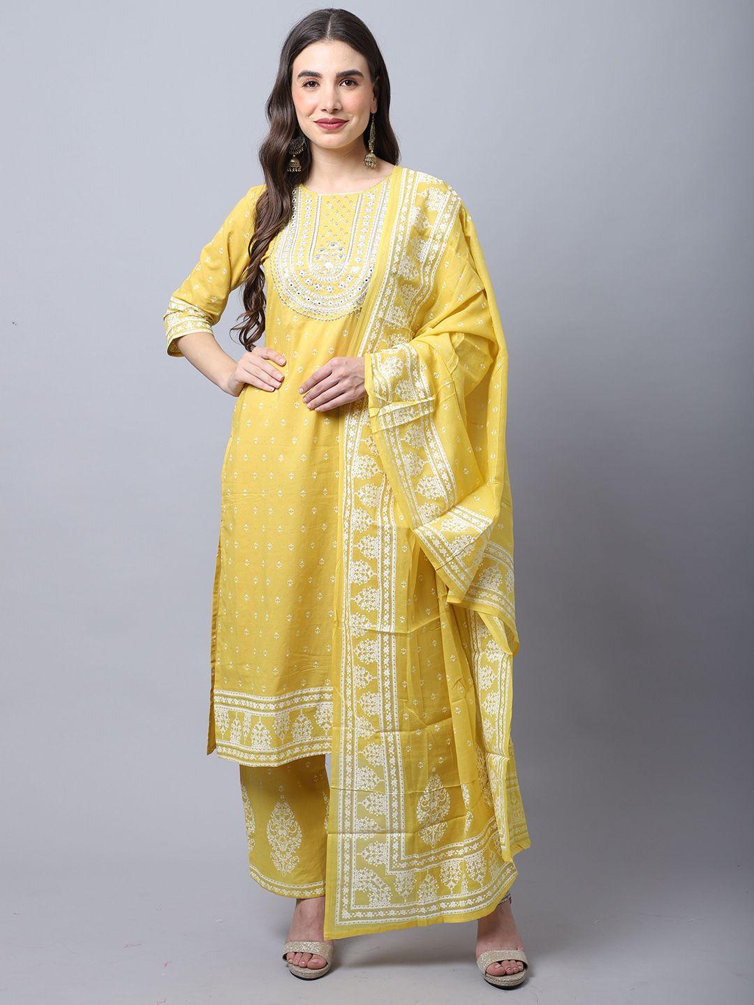 rajnandini women yellow ethnic motifs yoke design pure cotton kurta with palazzos & with dupatta