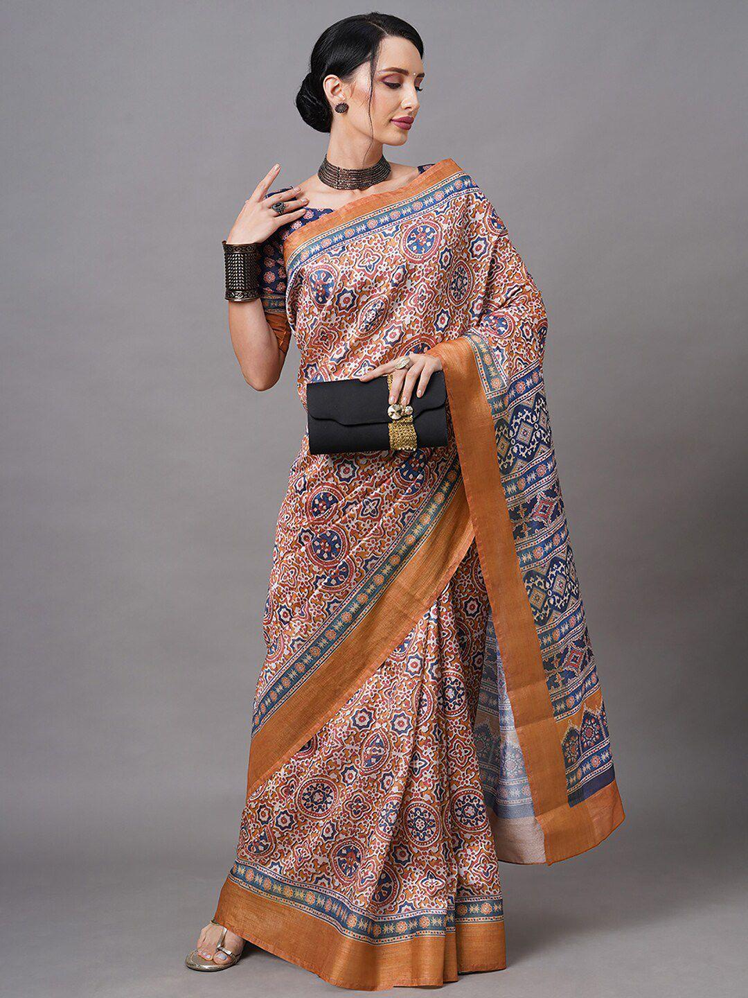 mitera orange & blue ethnic motifs zari linen blend bagh saree