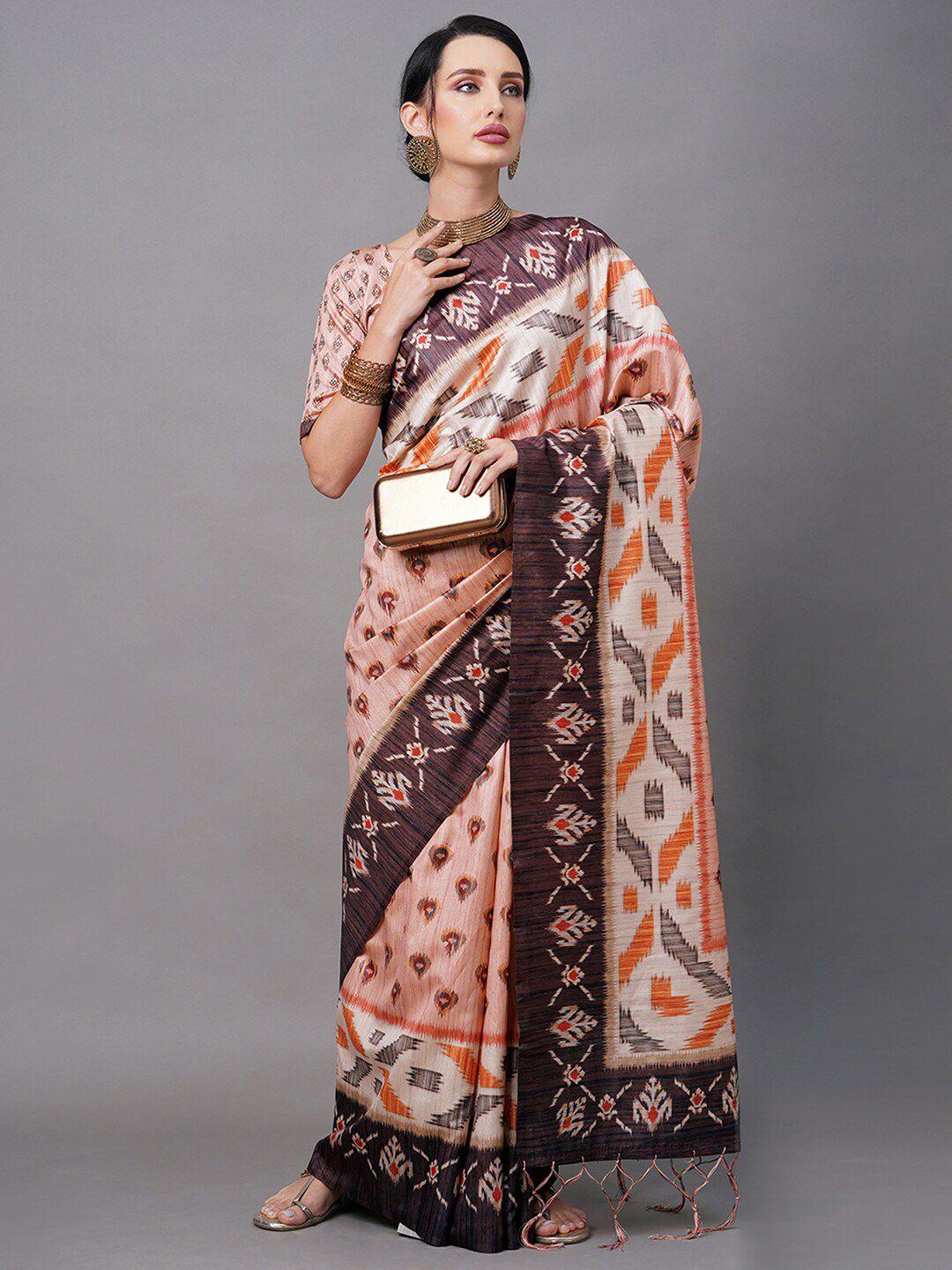 mitera peach-coloured & brown ethnic motifs art silk ikat saree