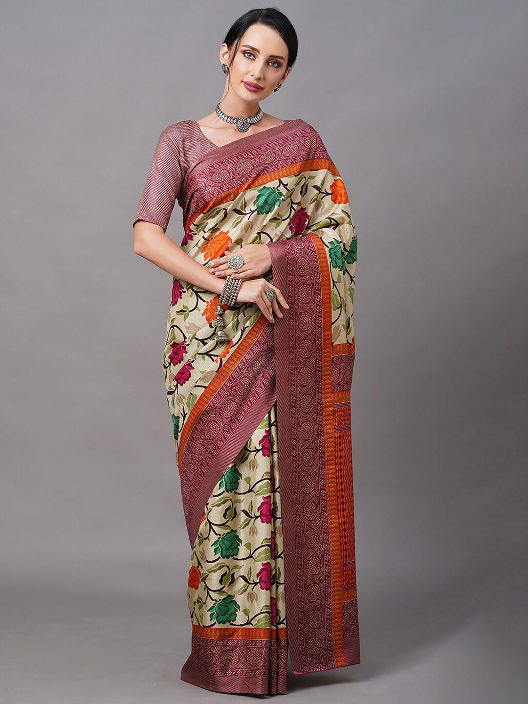 mitera cream-coloured & red floral silk blend banarasi saree