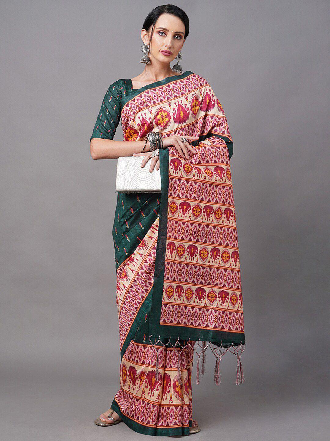 mitera teal & red ethnic motifs art silk ikat saree