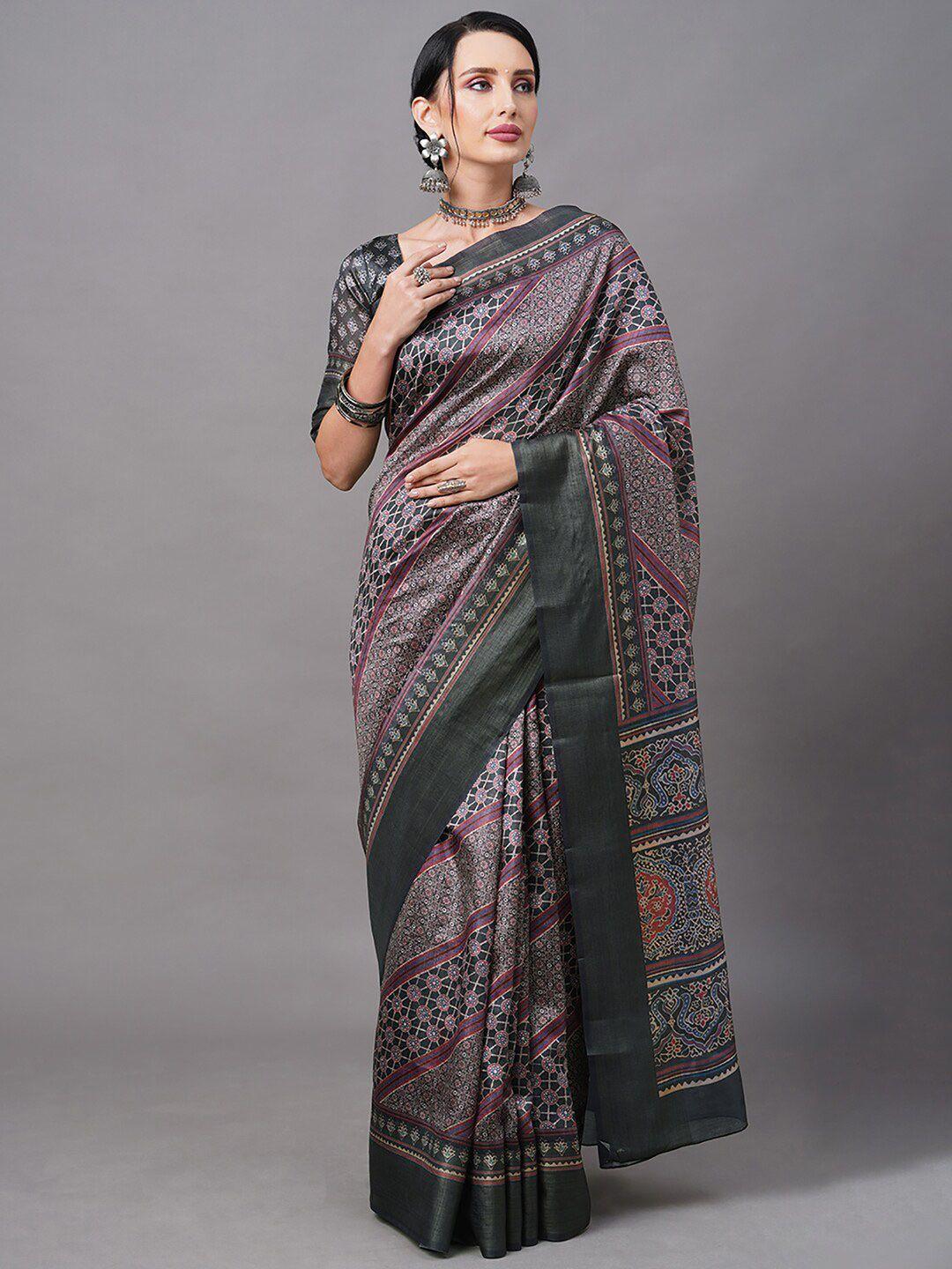 mitera black & pink ethnic motifs linen blend bagh saree