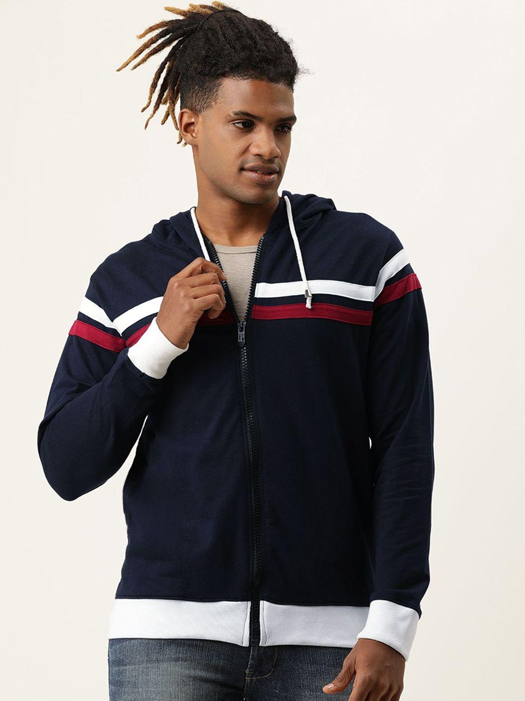 veirdo men navy blue striped fleece lightweight bomber jacket