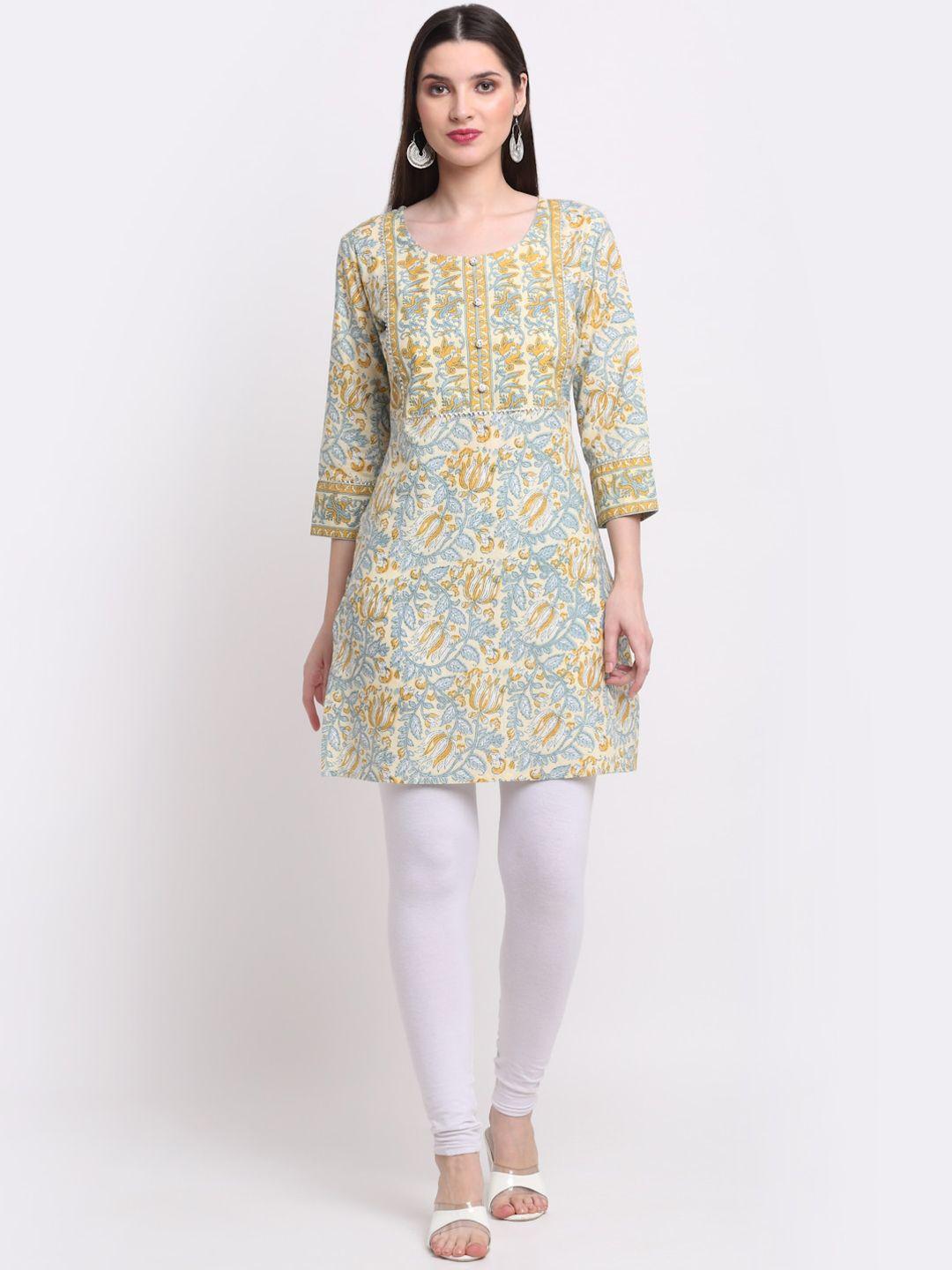 kalini cream-coloured & blue floral printed thread work pure cotton thread work kurti