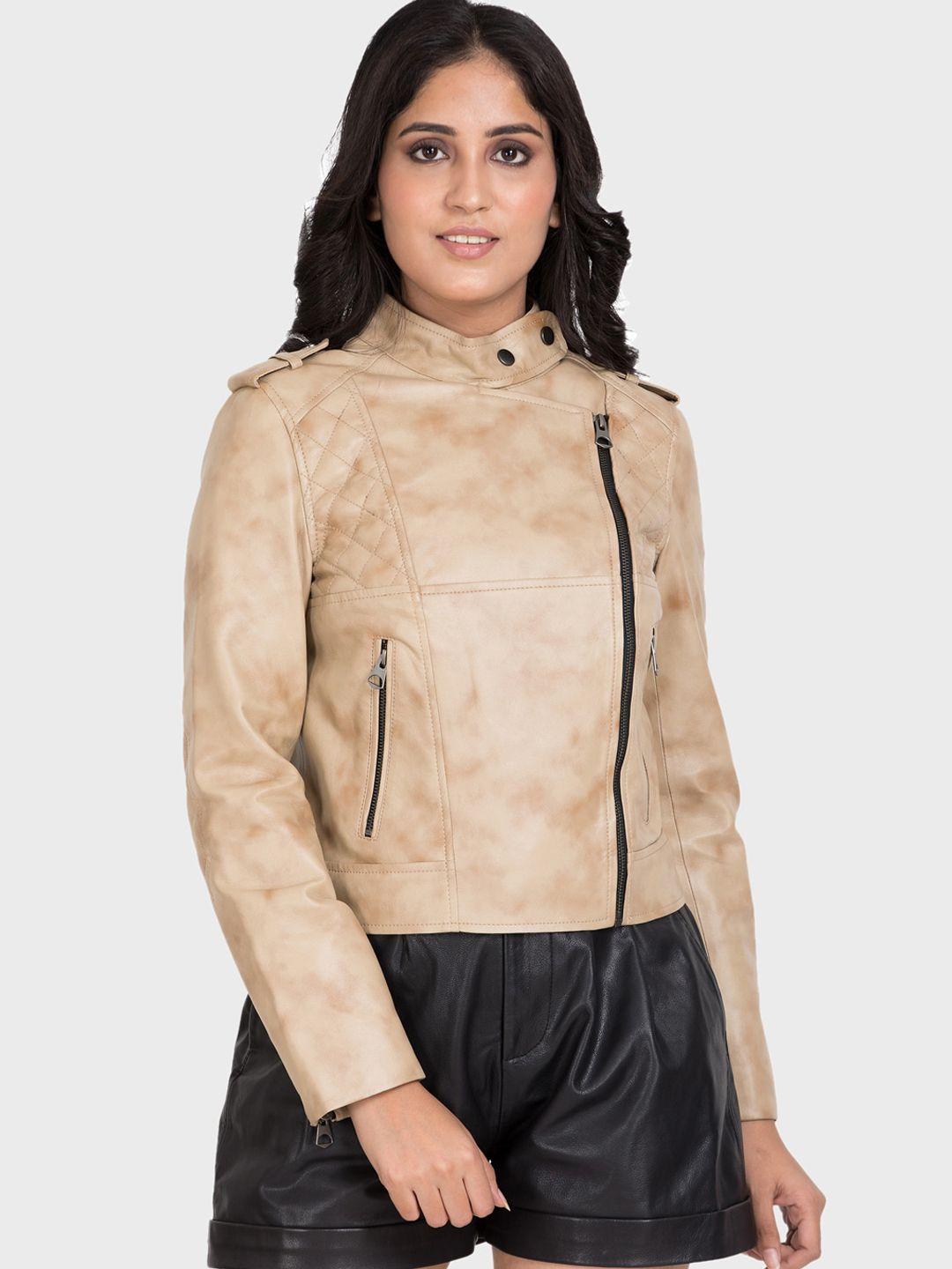 justanned women beige leather lightweight crop biker jacket