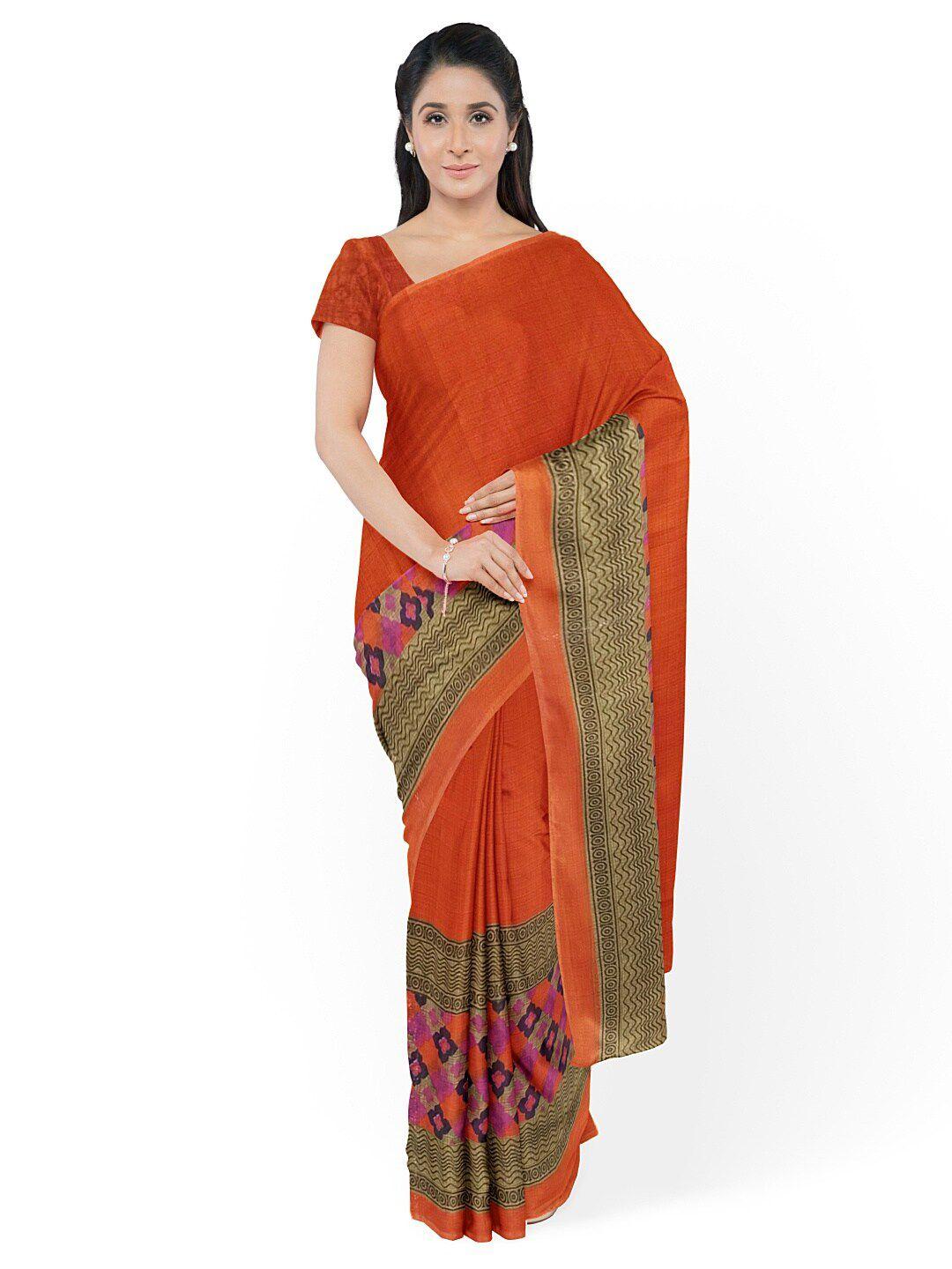 florence orange & beige ethnic motifs printed pure georgette saree