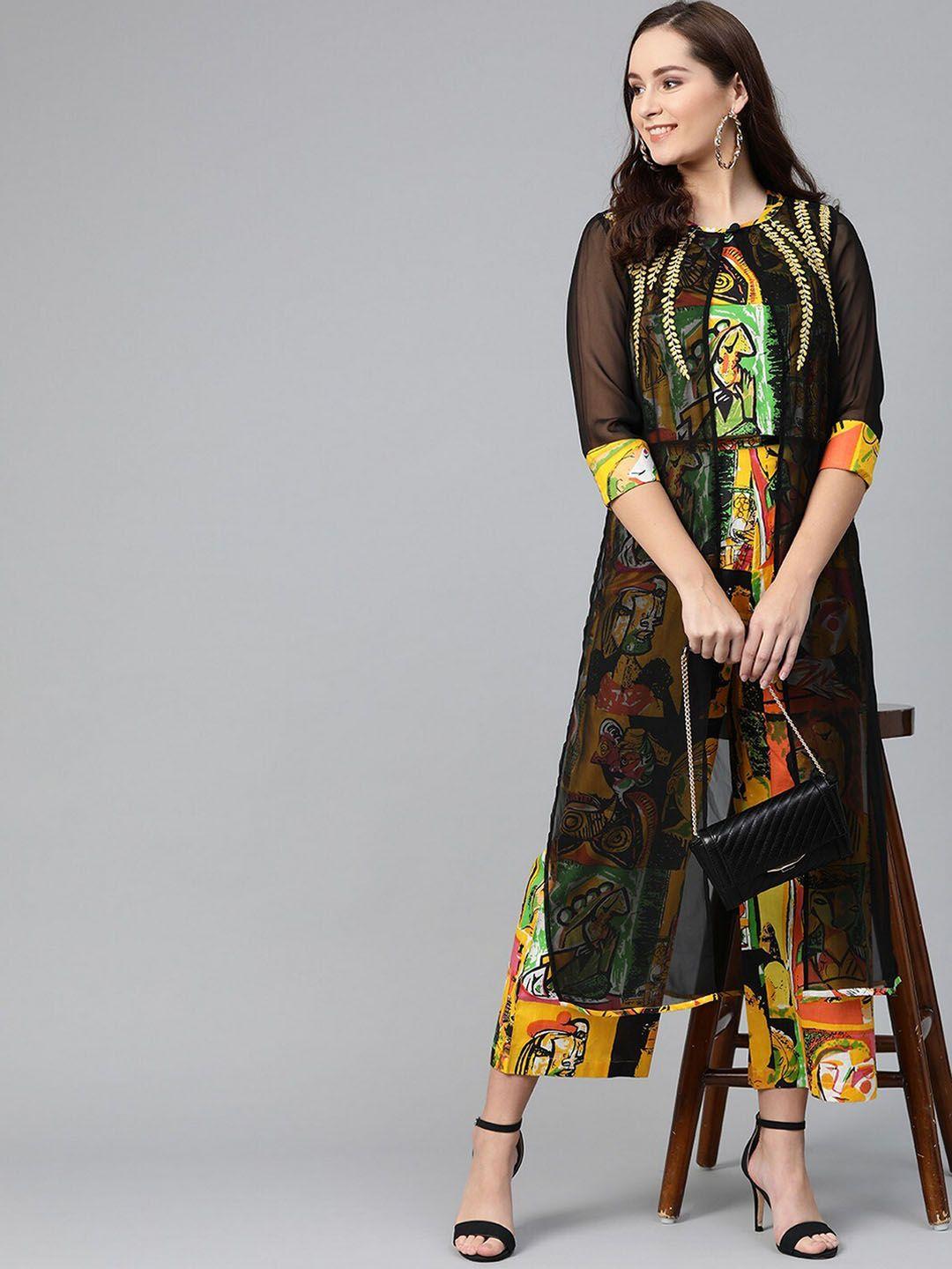 pannkh women black & yellow printed top & trousers