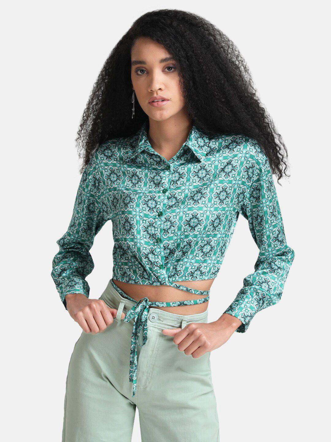 kazo women green printed casual shirt