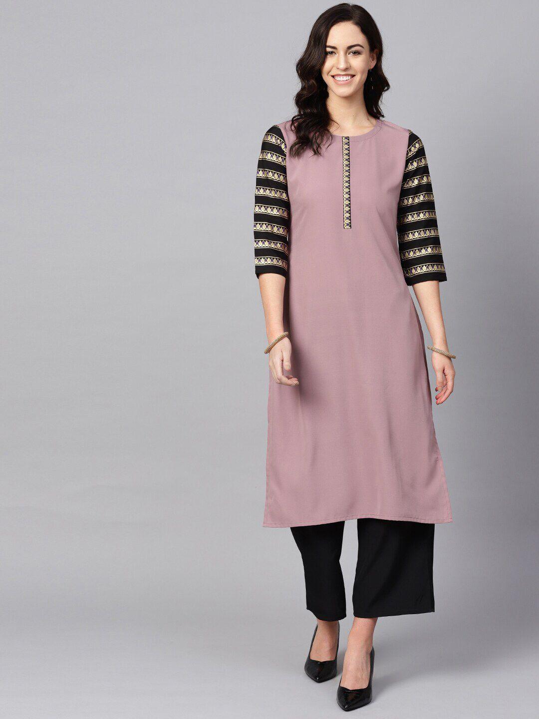 ziyaa women mauve ethnic motifs printed pleated kurta with palazzos