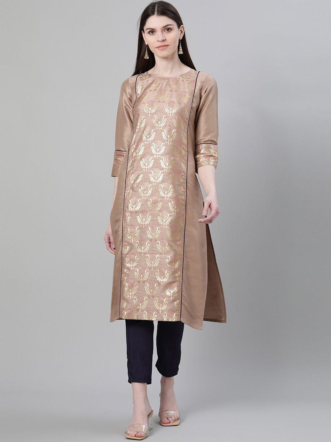 ziyaa women brown & black panelled foil printed kurta with trousers