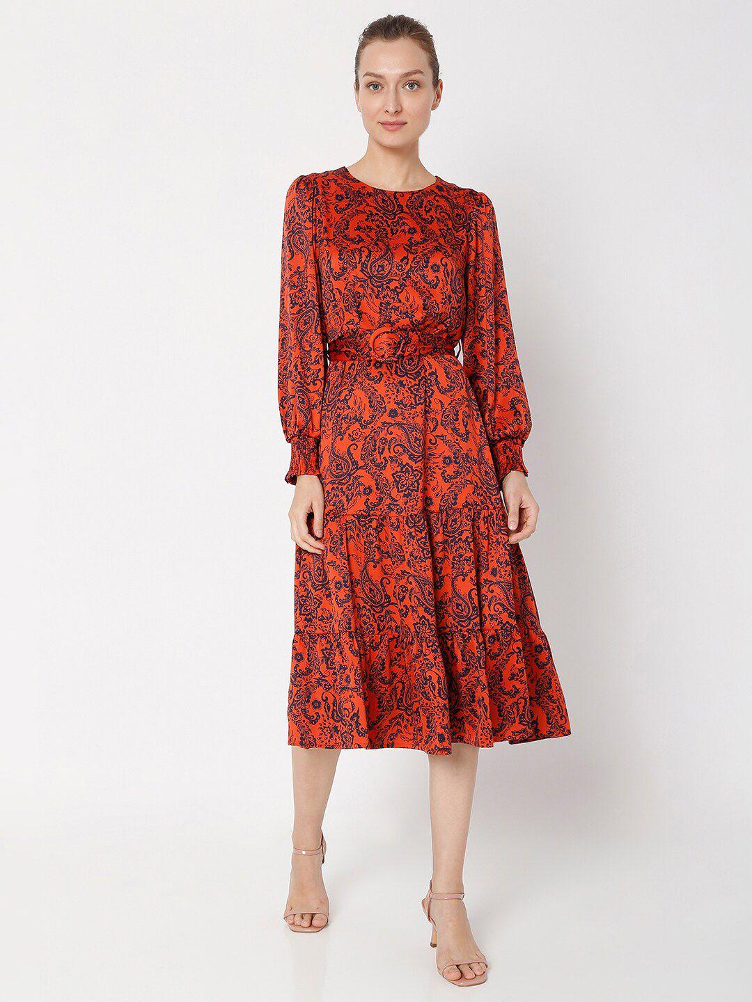 vero moda women red & black floral midi dress