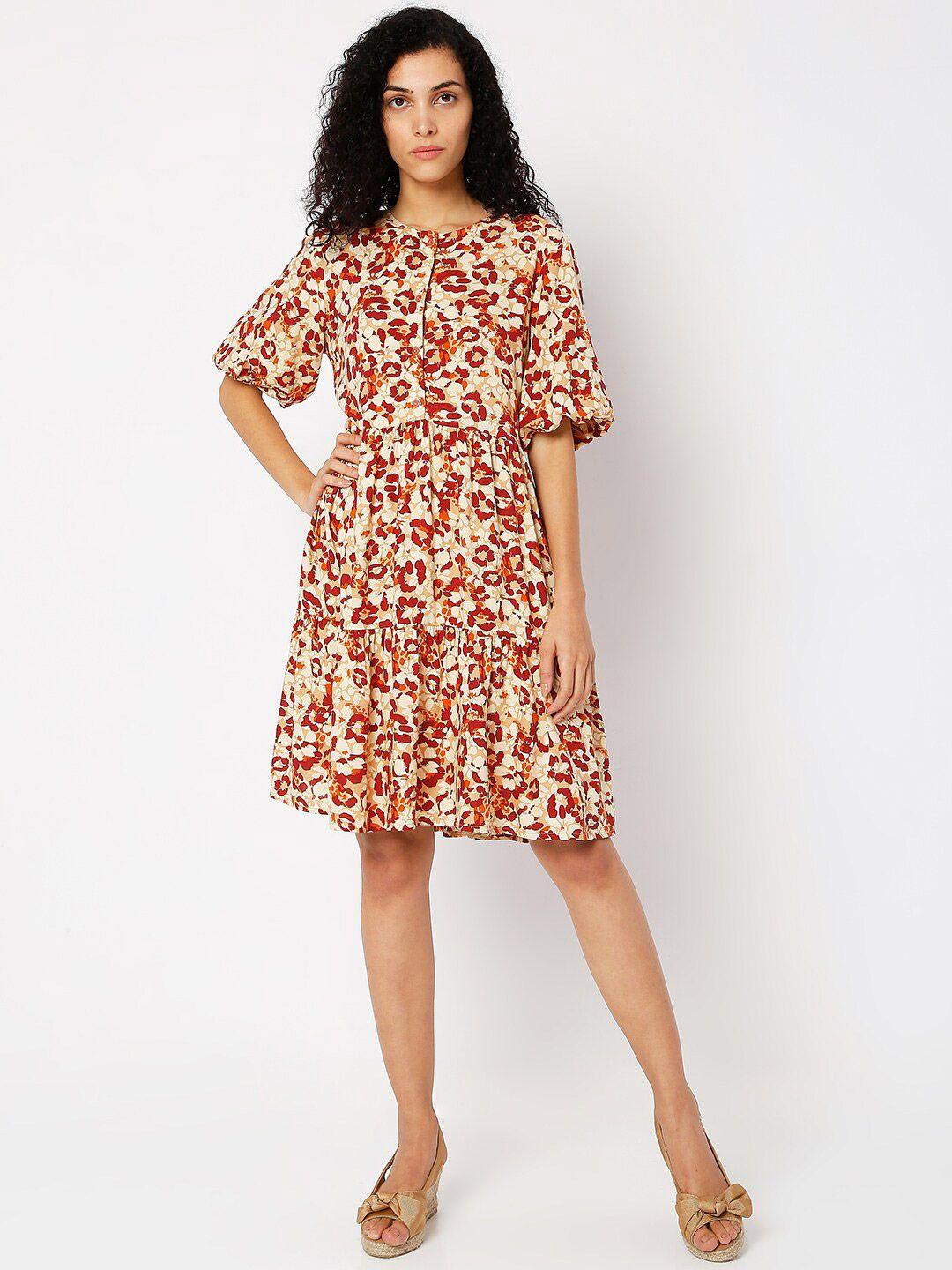 vero moda women beige & maroon floral printed fit & flare dress