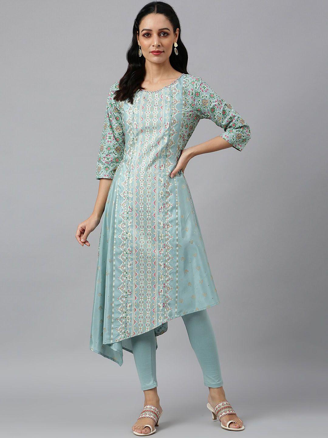 w women blue printed kurta with trousers