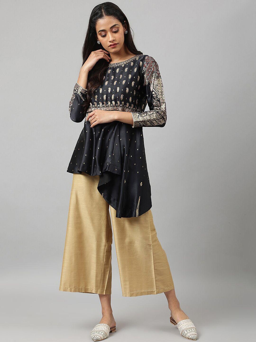 wishful women black ethnic motifs embroidered empire kurti with palazzos